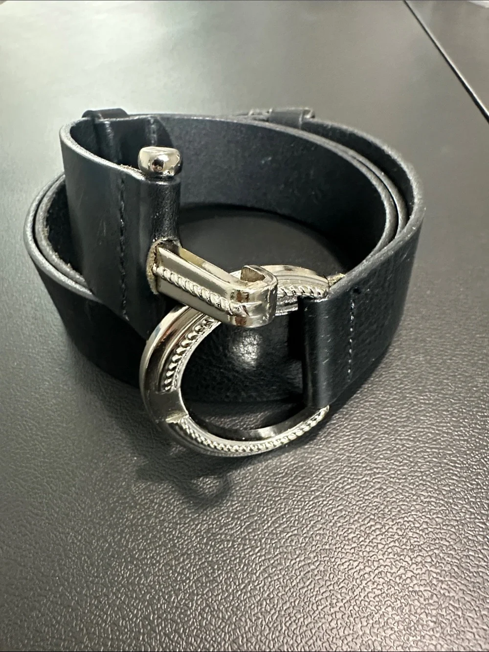 Chico’s Genuine Italian Black Leather Circle Buckle Waist Belt M/L Adjustable